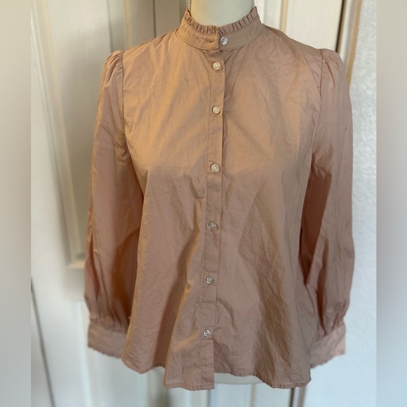 A New Day Pink Ruffle Button Up Long Sleeve High Neck Top Size Small - Picture 1 of 9